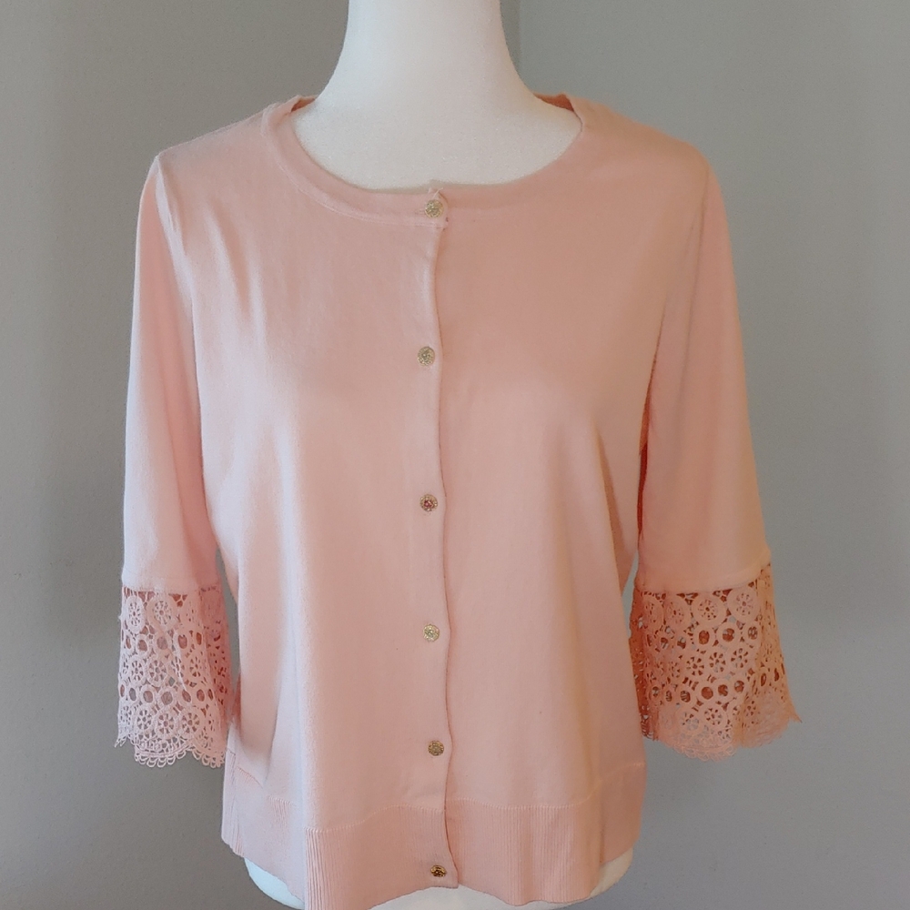 Anne Klein Soft Pink 3/4 Sleeve Bell Sleeves Cardigan Sweater Women's Medium